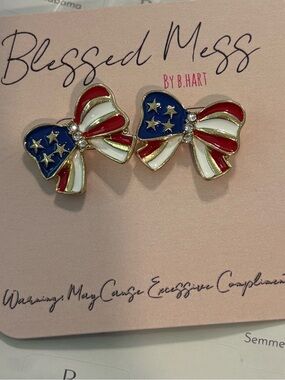 Blessed Mess Patriotic Bow Earrings - Red White Blue